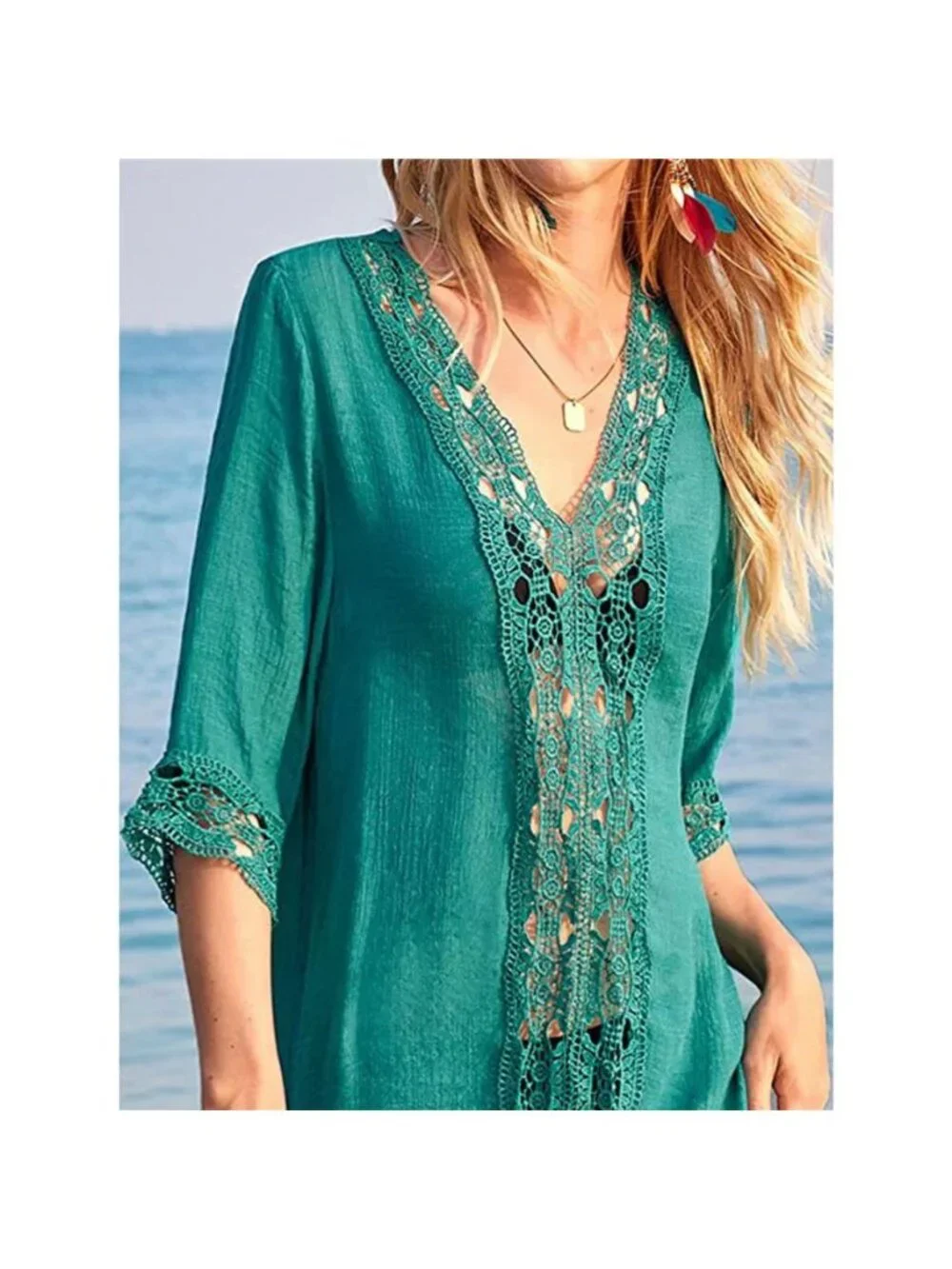 Lace Trim V-Neck Cover-Up